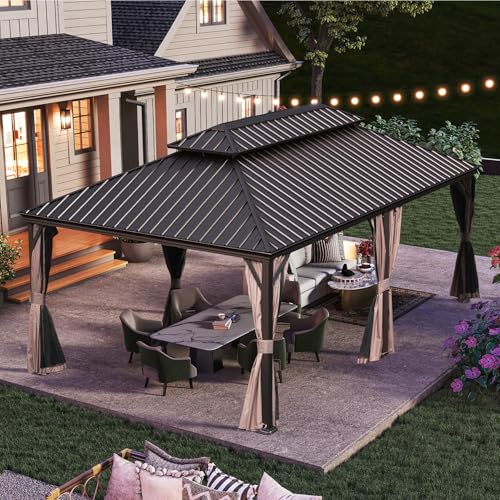 10 x 10 ft Hardtop Gazebo with Netting and Curtains, Galvanized Steel Roof for Patio and Garden X50618