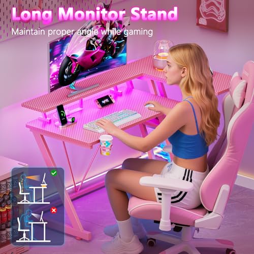 L Shaped Gaming Desk with Power Outlet and LED Lights T64283