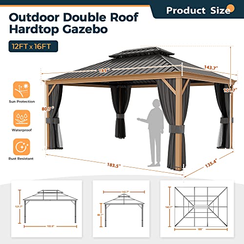 10 x 12 ft Hardtop Gazebo with Netting and Curtains, Double Roof Metal Canopy for Patio I7305