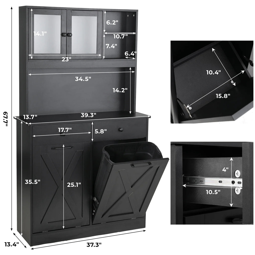 Kitchen Pantry Storage Cabinet, Double Tilt Out Trash Cabinet with Drawers and Shelves T2143