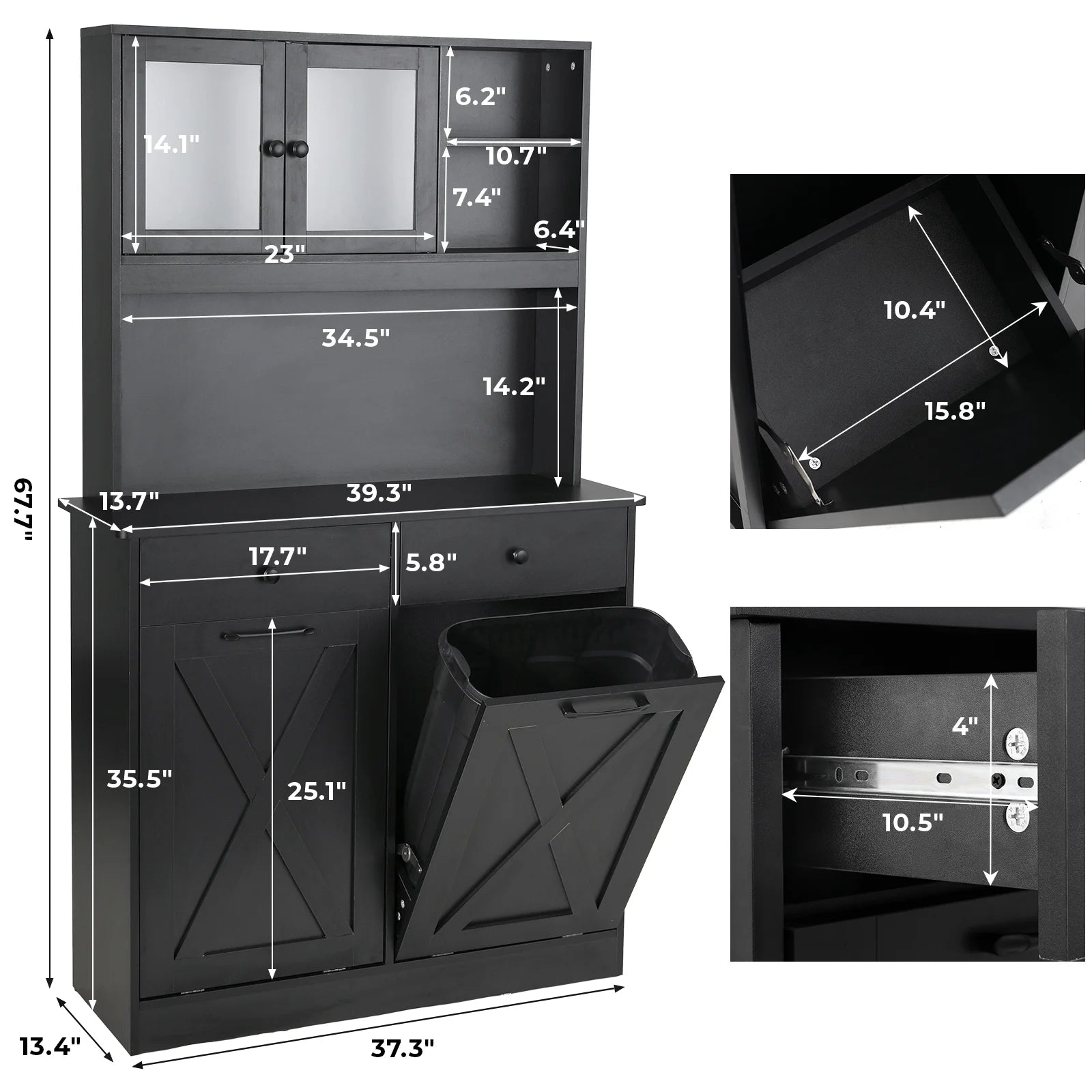 Kitchen Pantry Storage Cabinet, Double Tilt Out Trash Cabinet with Drawers and Shelves T2143