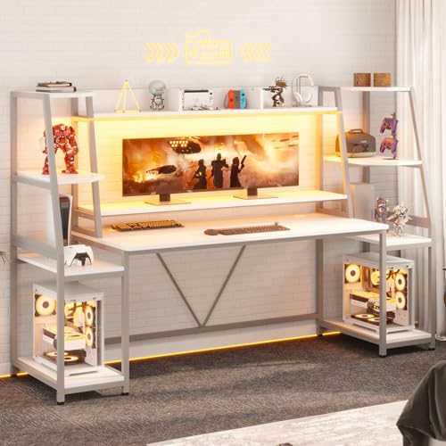 Gaming Desk with LED Lights, Hutch and Storage Shelves, Black R364