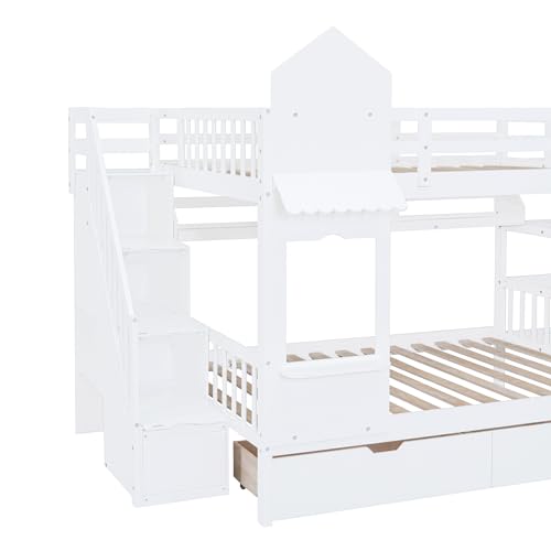 Kids Bunk Bed with Stairs and Slide, Twin Over Twin, Gray E77813