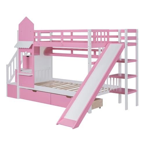 Twin Over Twin Bunk Bed with Stairs and Slide, Solid Wood Frame with Storage Y2445