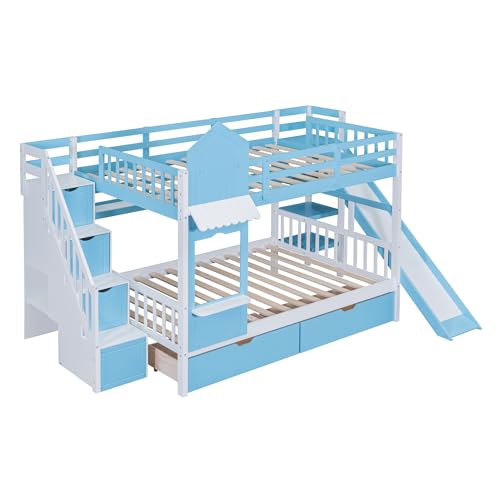 Kids Bunk Bed with Stairs and Slide, Twin Over Twin, Gray E77813