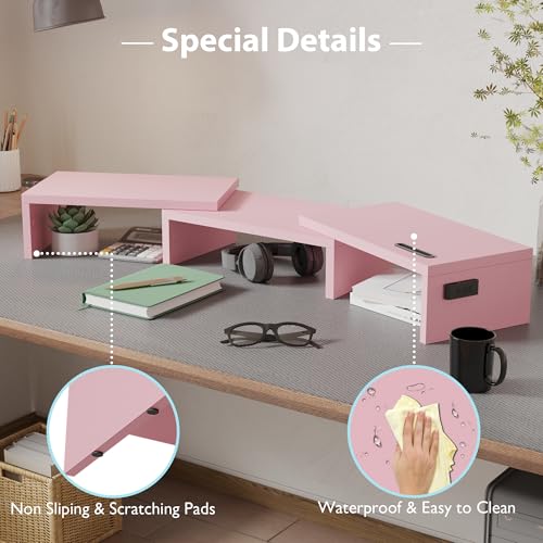 Dual Monitor Stand Riser with Smartphone Holder, Adjustable Wooden Desktop Organizer P70793