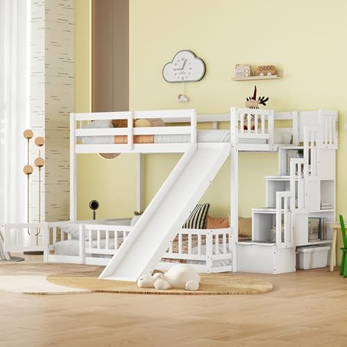 Twin Over Full Bunk Bed with Slide and Storage Stairs F8078