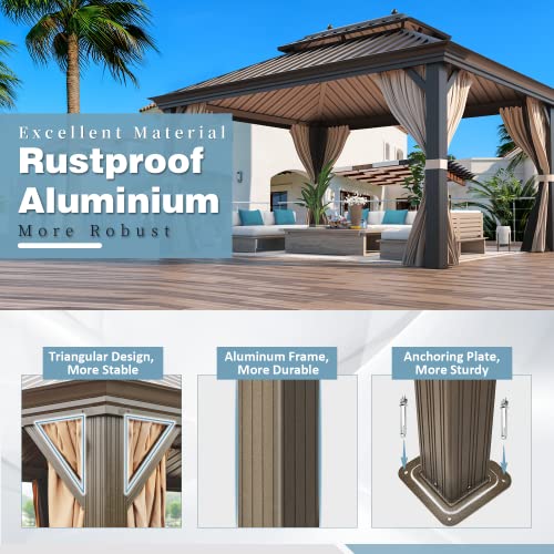12x16 ft Hardtop Gazebo with Galvanized Steel Roof, Curtains and Netting V821