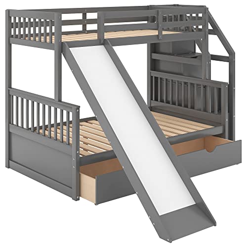 Twin Over Full Bunk Bed with Slide and Stairs for Kids E212