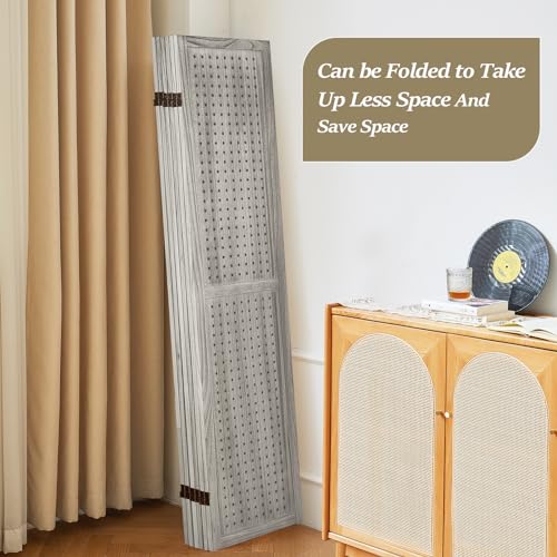 Wooden Pegboard Room Divider, 5.6Ft Folding Privacy Screen P5676