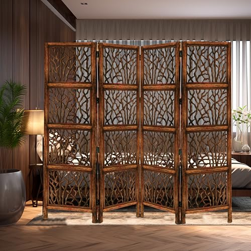 4 Panel Folding Wood Room Divider, Antique Brown, 72 x 80 L396608