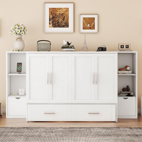 Murphy Bed Chest with Shelves, Foldable Wood Platform Bed Frame I45495
