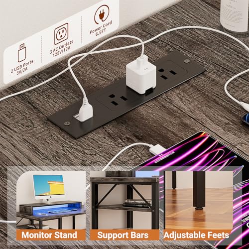Reversible L Shaped Desk with Power Outlets and LED Light, Corner Computer Desk with Monitor Stand and Storage Shelves, Black D613