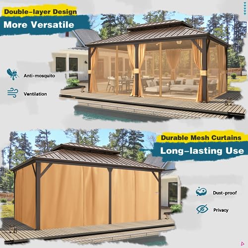 10'x13' Hardtop Gazebo with Polycarbonate Double Roof, Aluminum Frame, Curtains and Netting N263