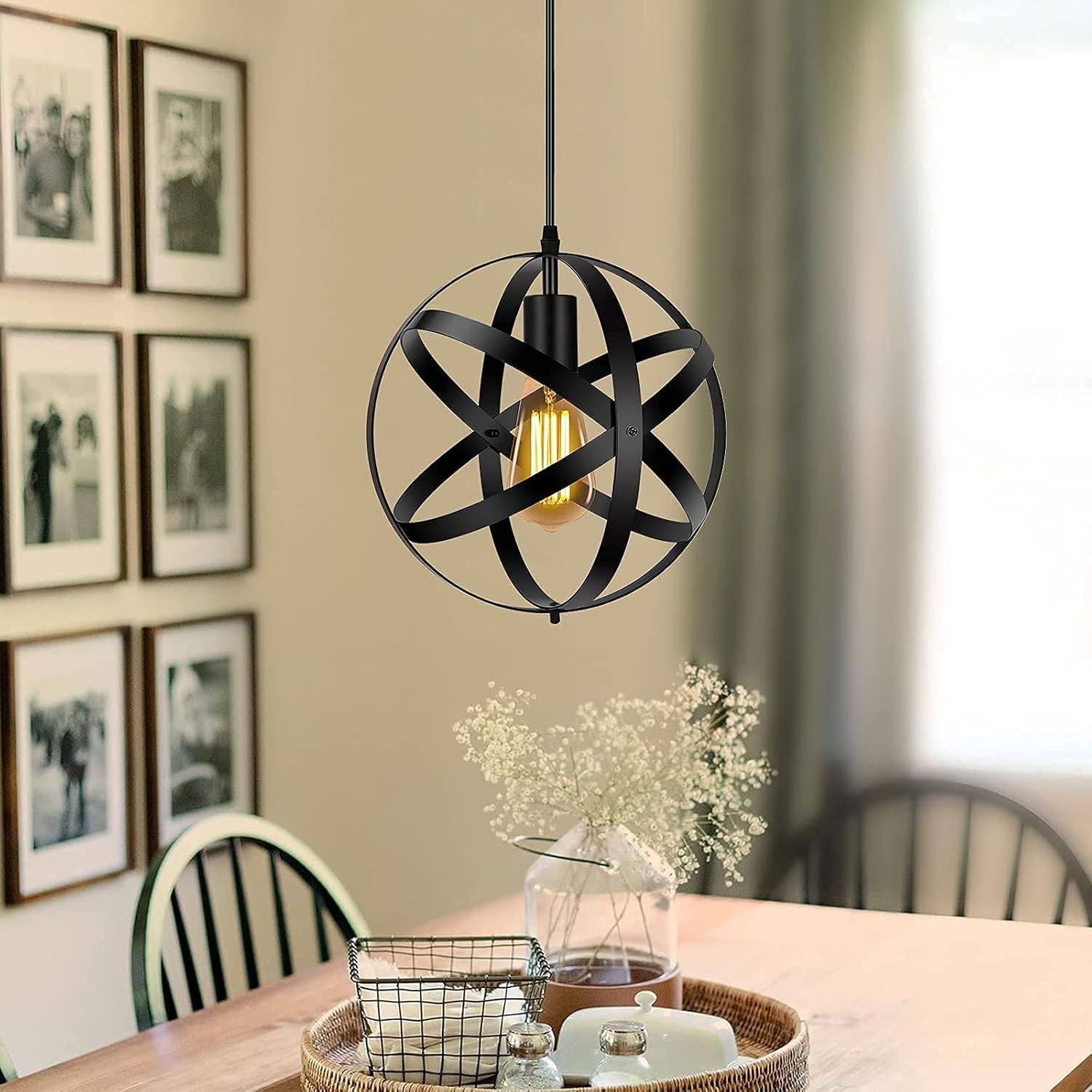 Black Pendant Light, Vintage Spherical Metal Globe Hanging Lamp for Kitchen Island V831