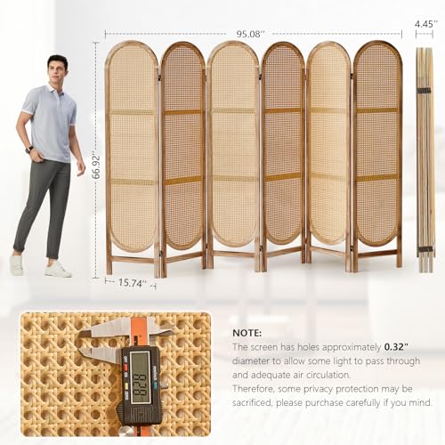 Foldable Wooden Room Divider with Hand-Woven Rattan Panels X6131