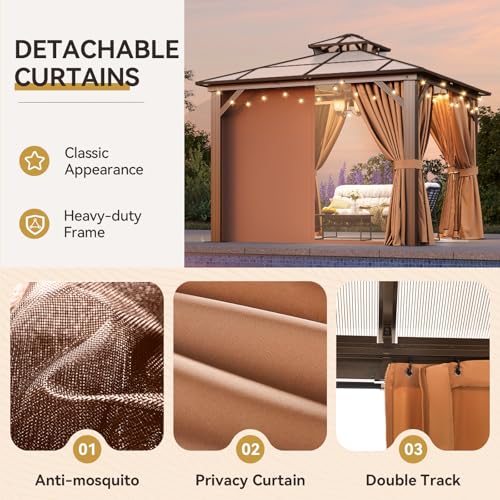 12x16 Hardtop Gazebo with Netting and Curtains, Aluminum Frame, Polycarbonate Roof N71921
