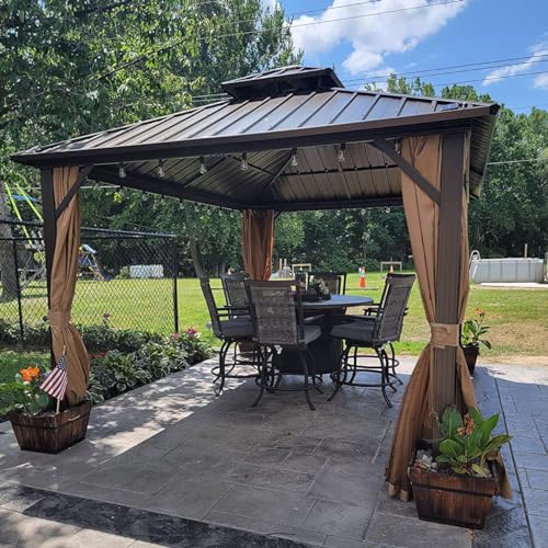 10 x 10 ft Hardtop Gazebo with Netting and Curtains, Galvanized Steel Roof for Patio and Garden X50618