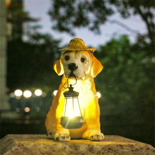 Dog Statue Outdoor Garden Decor with Straw Hat and Solar Lantern W89007