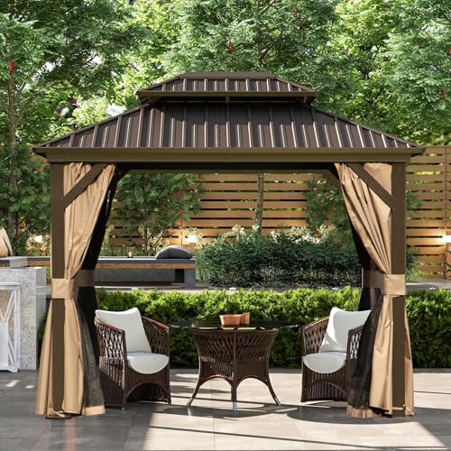 10 x 10 ft Hardtop Gazebo with Netting and Curtains, Galvanized Steel Roof for Patio and Garden X50618