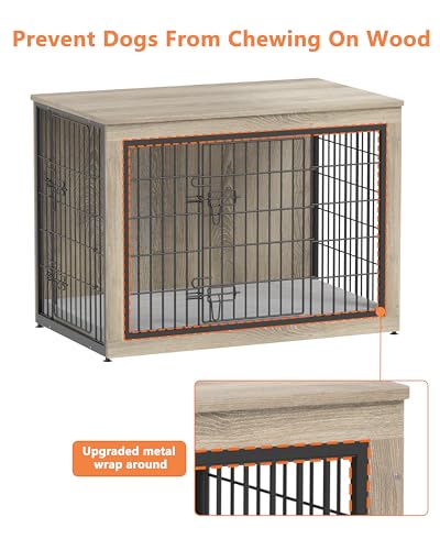 Dog Crate Furniture with Cushion, Heavy-Duty Metal Mesh, Wooden End Table with Double Doors, Indoor Kennel for Small Breed, Grey K856