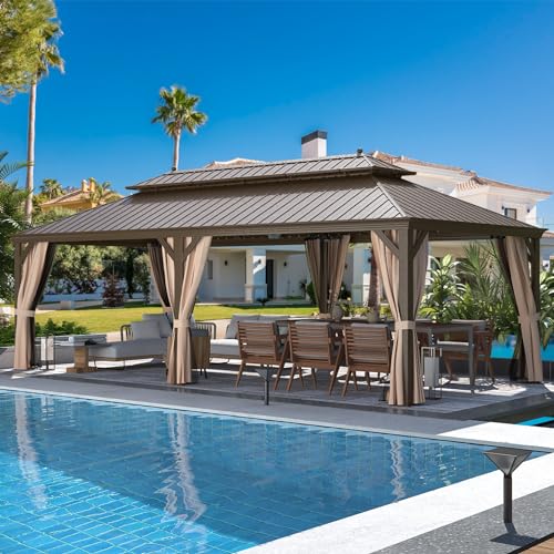 12x16 ft Hardtop Gazebo with Galvanized Steel Roof, Curtains and Netting V821