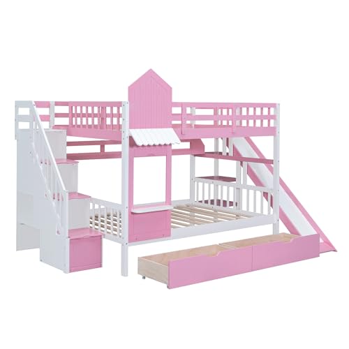 Kids Bunk Bed with Stairs and Slide, Twin Over Twin, Gray E77813