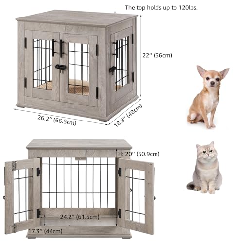 Wooden Dog Crate End Table with Double Doors and Pet Bed T245171