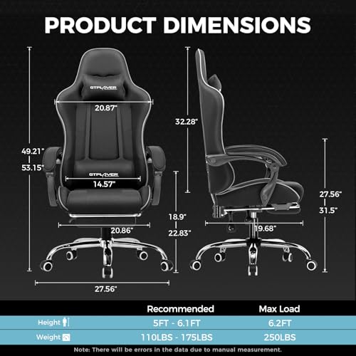 Gaming Chair with Footrest and Lumbar Support, Height Adjustable, 360° Swivel, Blue U7447