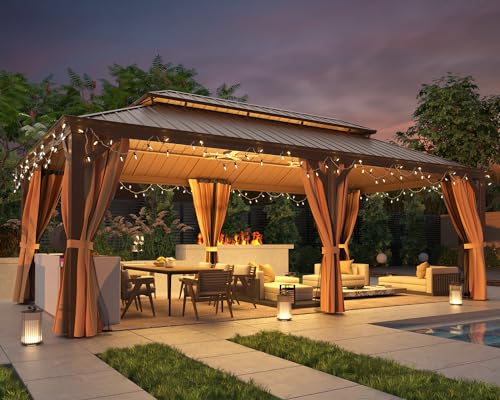 12x16 ft Hardtop Gazebo with Galvanized Steel Roof, Curtains and Netting V821