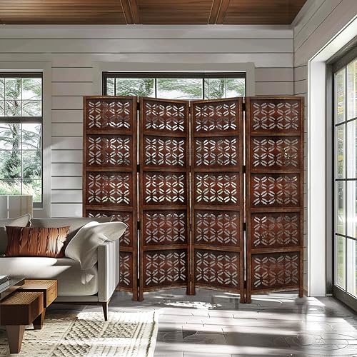 4 Panel Folding Wood Room Divider, Antique Brown, 72 x 80 L396608