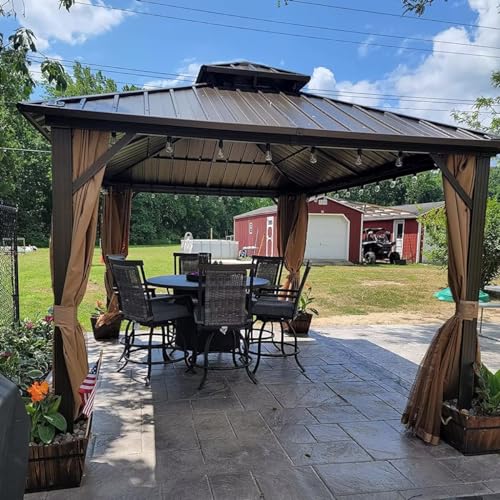 10 x 10 ft Hardtop Gazebo with Netting and Curtains, Galvanized Steel Roof for Patio and Garden X50618