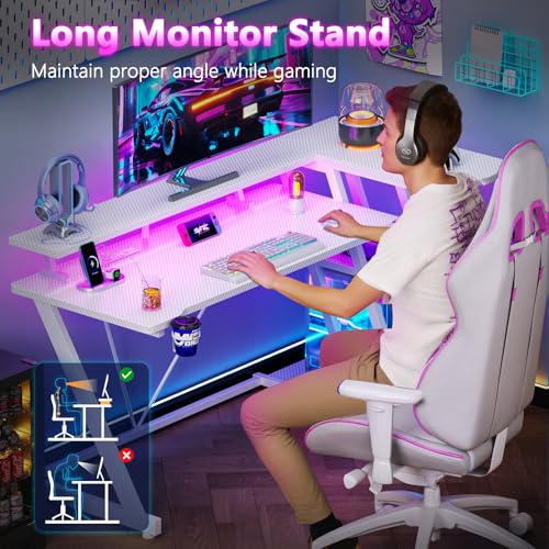 L Shaped Gaming Desk with Power Outlet and LED Lights T64283