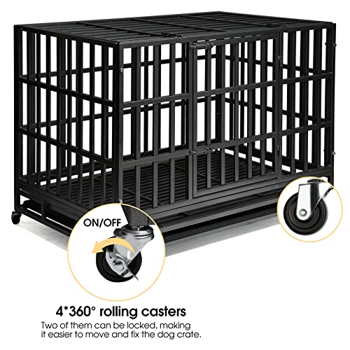 Heavy Duty Dog Kennel Crate with Metal Frame, Double Doors and Lockable Wheels, 48 Inch D891