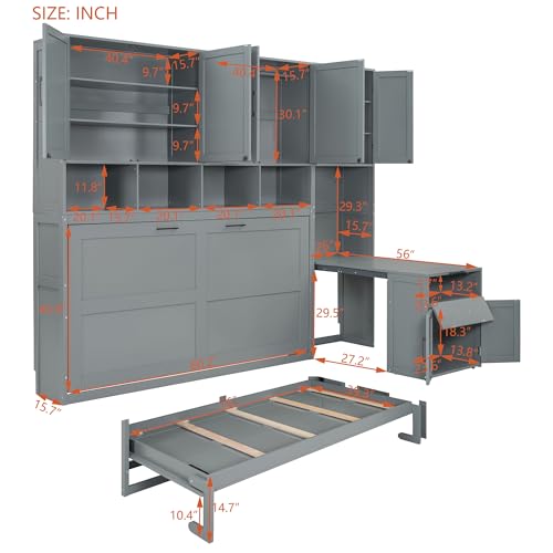 Twin Murphy Bed with Wall Frame, Closet, Drawers and Desk, White D510253