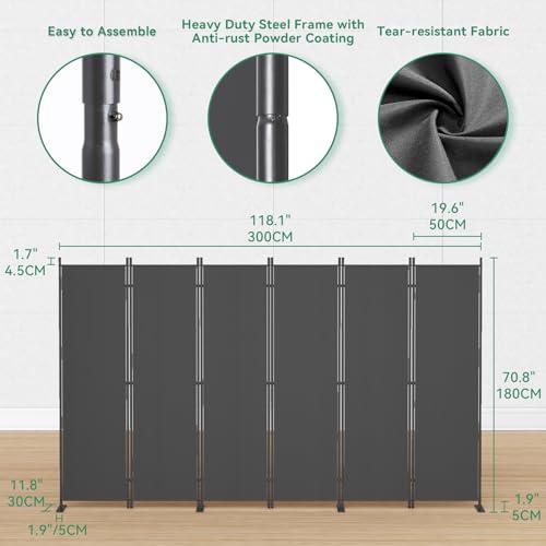 8-Panel 6 ft Tall Indoor Folding Room Divider, Portable Privacy Screen, Freestanding Partition, Dark Grey K442