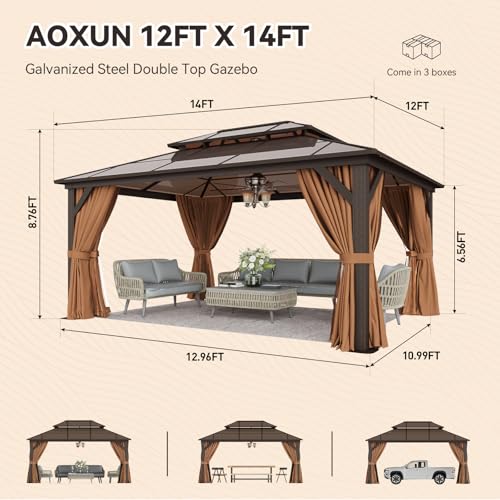 12x16 Hardtop Gazebo with Netting and Curtains, Aluminum Frame, Polycarbonate Roof N71921