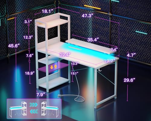 Reversible Gaming Desk with USB Charging Port and LED Lights, 40 Inch Computer Desk with Storage Shelves C134