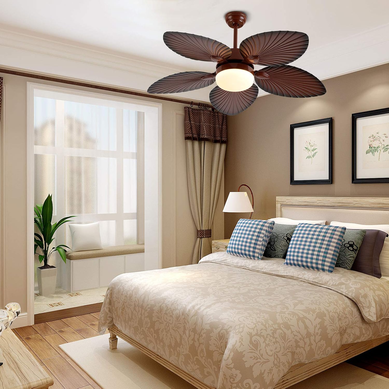 Ceiling Fan with LED Light, 52 Inch Palm Leaf Blades, Remote Control P510506