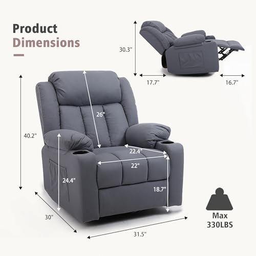 Swivel Recliner Chair for Adults with Massage and Heat, Fabric, Lime Gray B7507