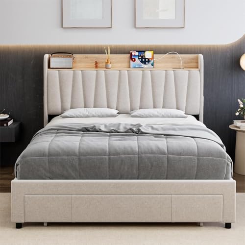 Queen Size Bed Frame with Storage Headboard and Drawers H139426