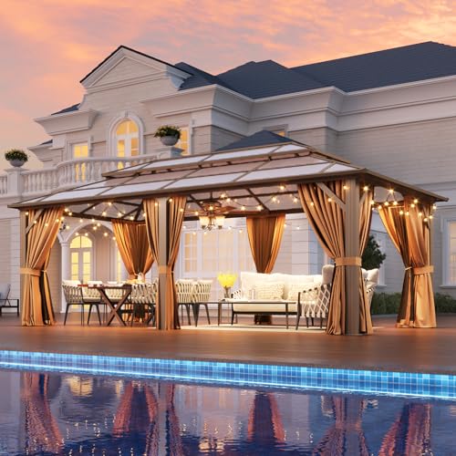 12x16 Hardtop Gazebo with Netting and Curtains, Aluminum Frame, Polycarbonate Roof N71921
