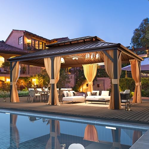 10'x13' Hardtop Gazebo with Polycarbonate Double Roof, Aluminum Frame, Curtains and Netting N263