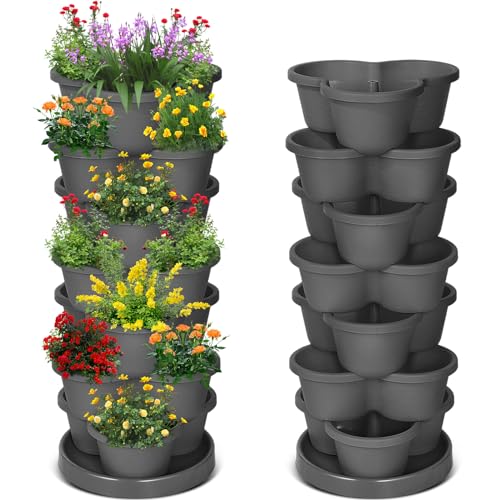 2 Pcs 7 Tier Stackable Planter Vertical Gardening Planter Strawberry Planter Herb Flower and Vegetable Planter Indoor Outdoor for Growing Flower Strawberry Vegetables Planters(Gray)