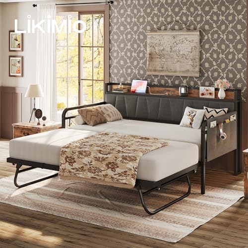 Daybed with Trundle and Storage Headboard, Twin Size, Grey M473750