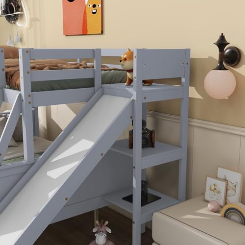 Twin Over Full Bunk Bed with Slide and Storage Stairs C57577