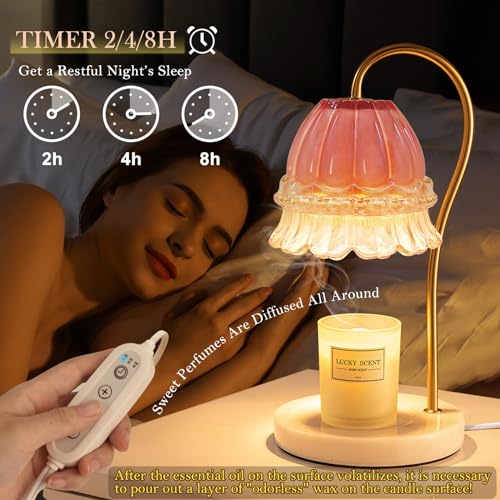 Candle Warmer Lamp with Timer, Dimmable Glass Flower Design, Marble Base W75869