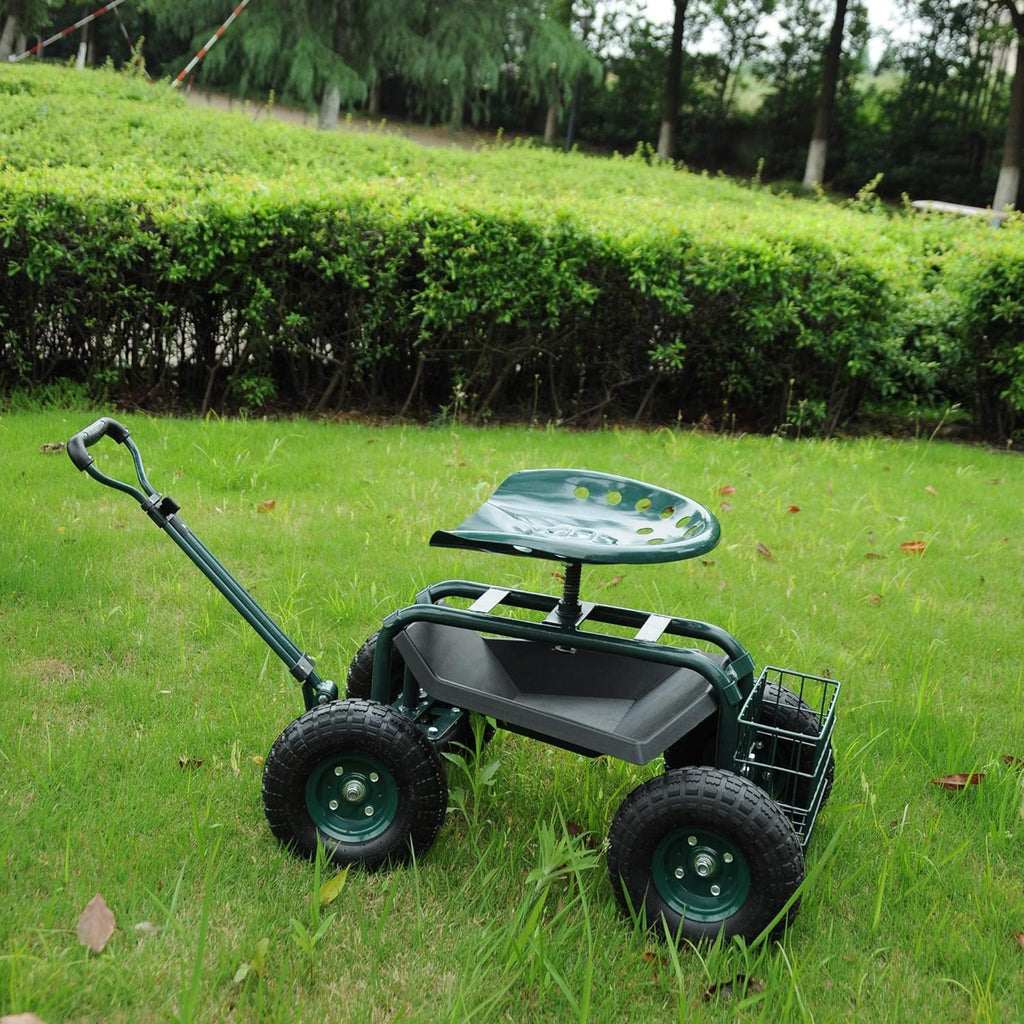 Garden Stool Cart with Tool Tray and Storage Basket on Wheels S436464