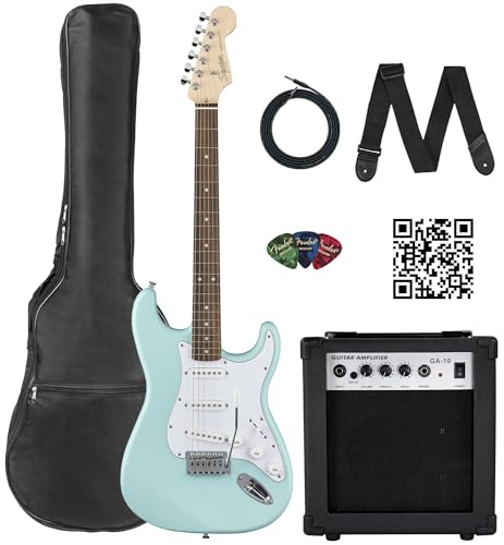 Stratocaster Electric Guitar Bundle with Amplifier, Gig Bag, Strap, Cable, Picks, and DVD S5583