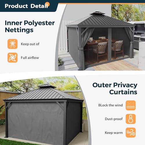 10 x 12 ft Hardtop Gazebo with Netting and Curtains, Double Roof Metal Canopy for Patio I7305